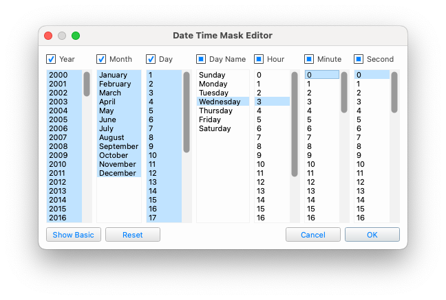 The Date Time Mask Editor set to 3am on Wednesdays